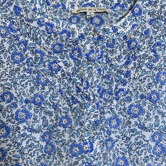 Anthropologie Saison de la Fleur Women’s Blue Floral Organic Cotton Top Chic S - Picture 4 of 11